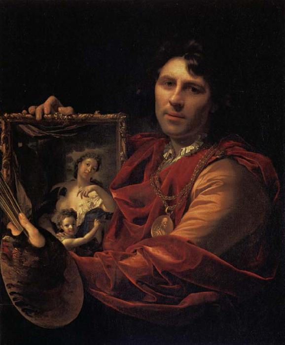 Adriaen van der werff Self-Portrait with a Portrait of his Wife,Margaretha van Rees,and their Daughter,Maria